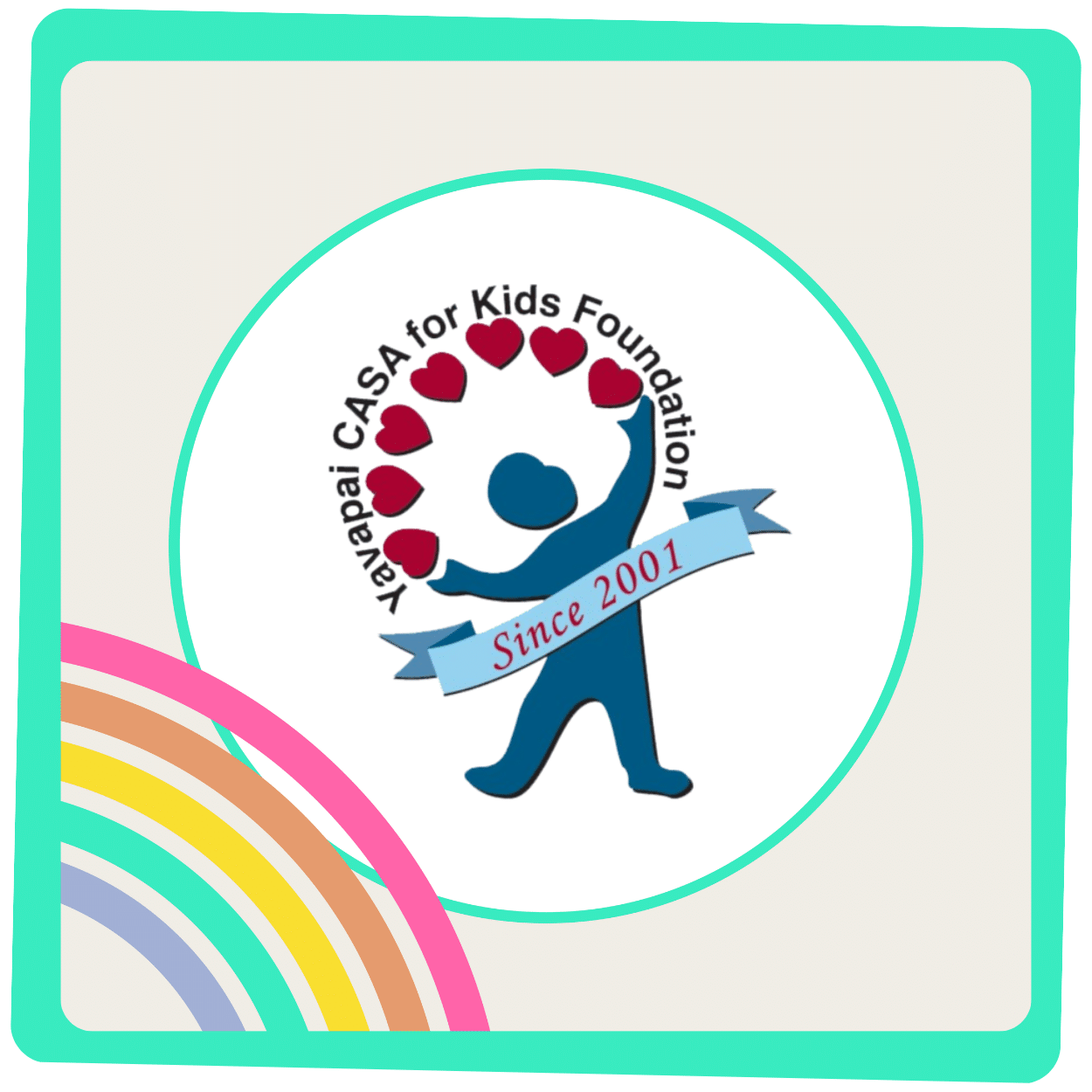 yavapai casa for kids foundation logo inside green and beige box with rainbow accents